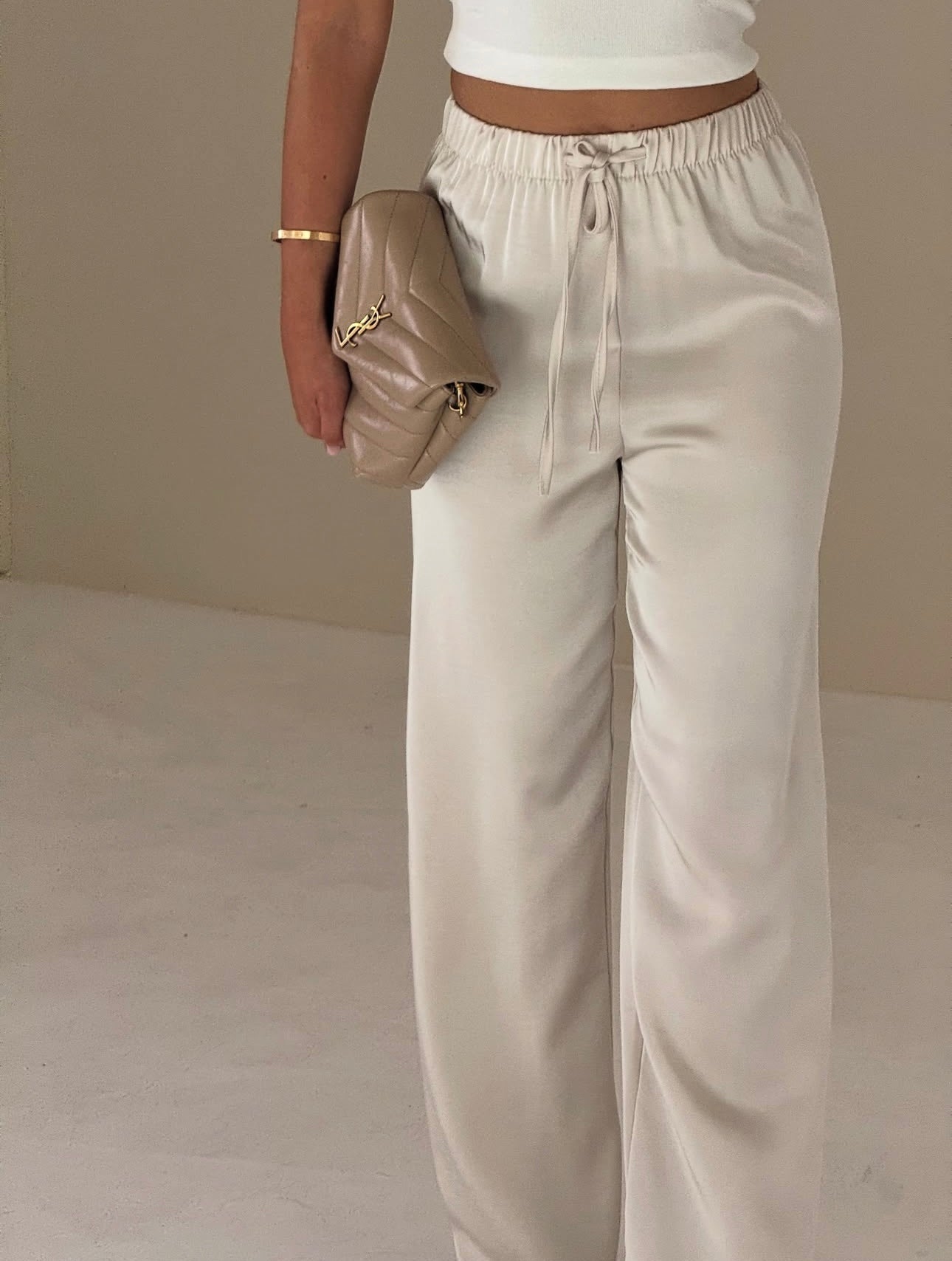 PERRIE Satin Wide Leg Trousers In Champagne