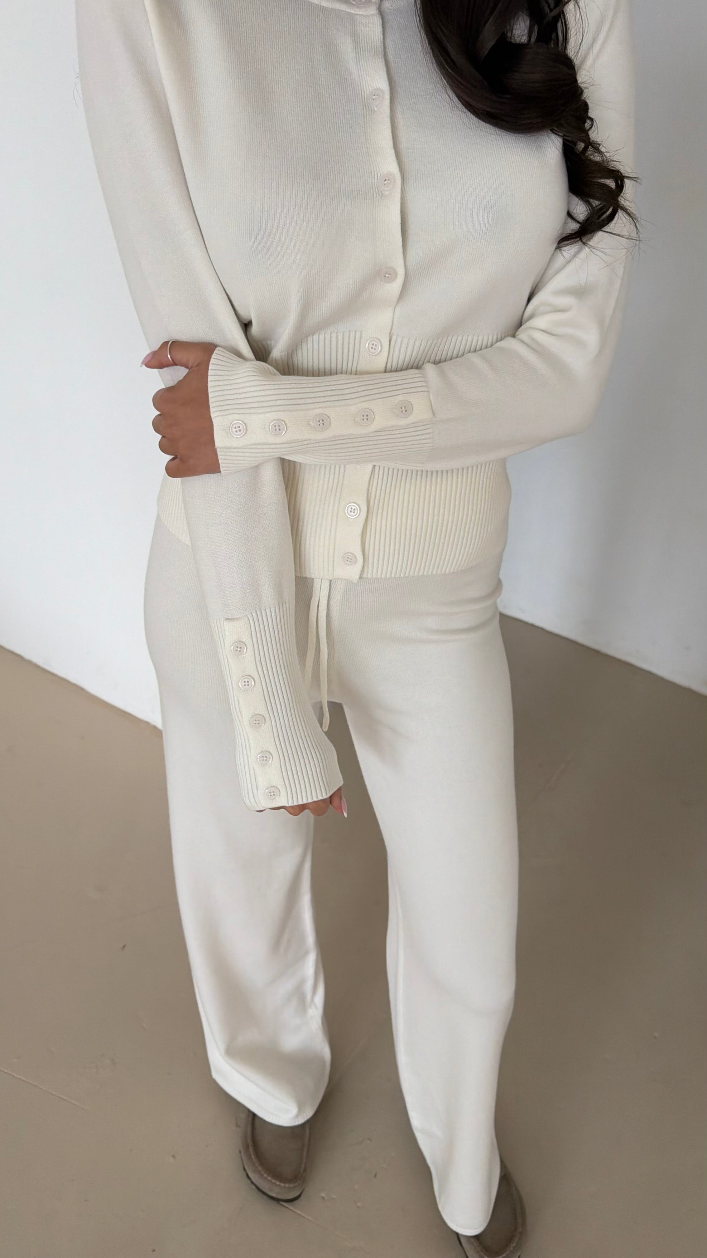 EVERLY Knitted Button Cardigan & Flared Trouser Lounge Set In Vanilla