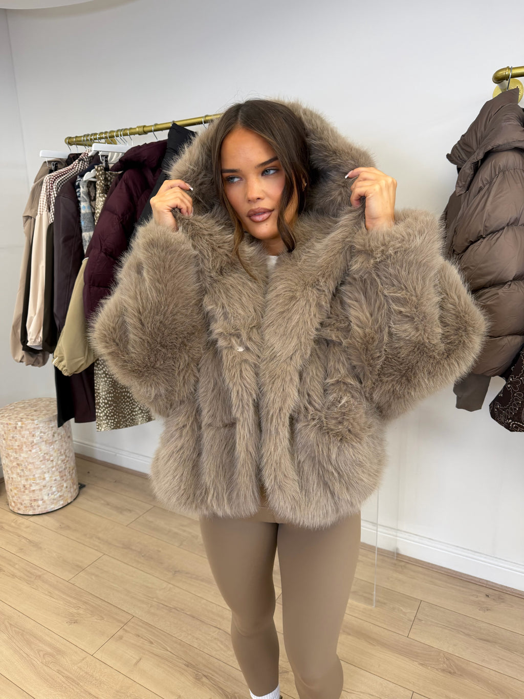 MONROE Hooded Faux Fur Long Sleeved Jacket In Biscuit