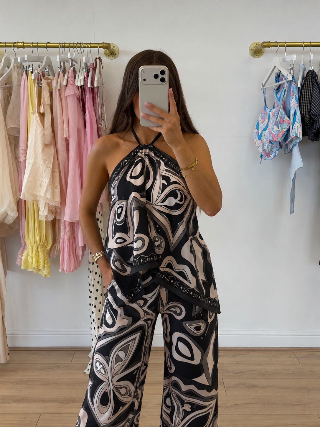 JASMIN Satin Halterneck Printed Trouser Co-Ord In Black