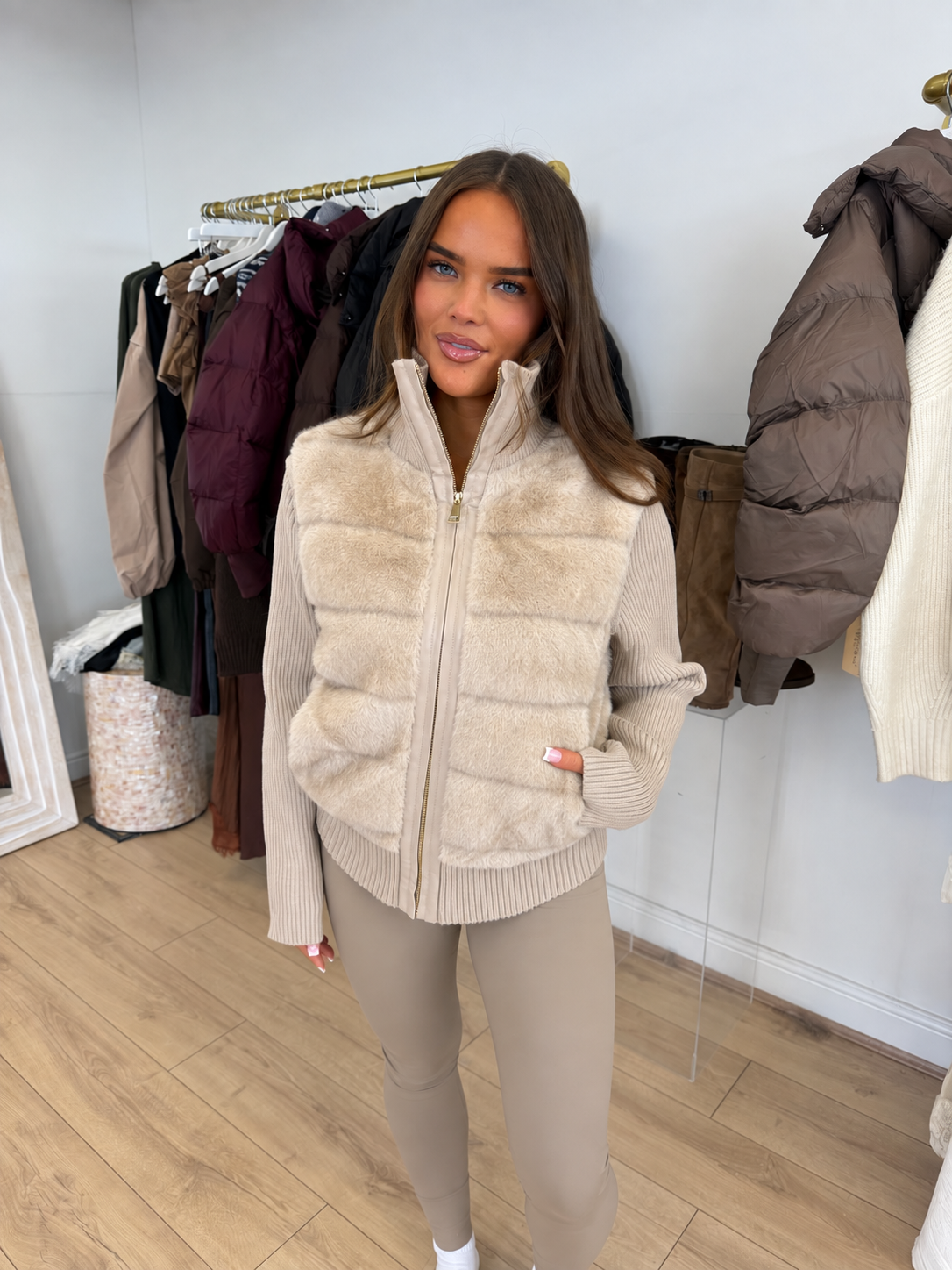WILLOW Faux Fur Knitted Zip Up Jacket In Biscuit