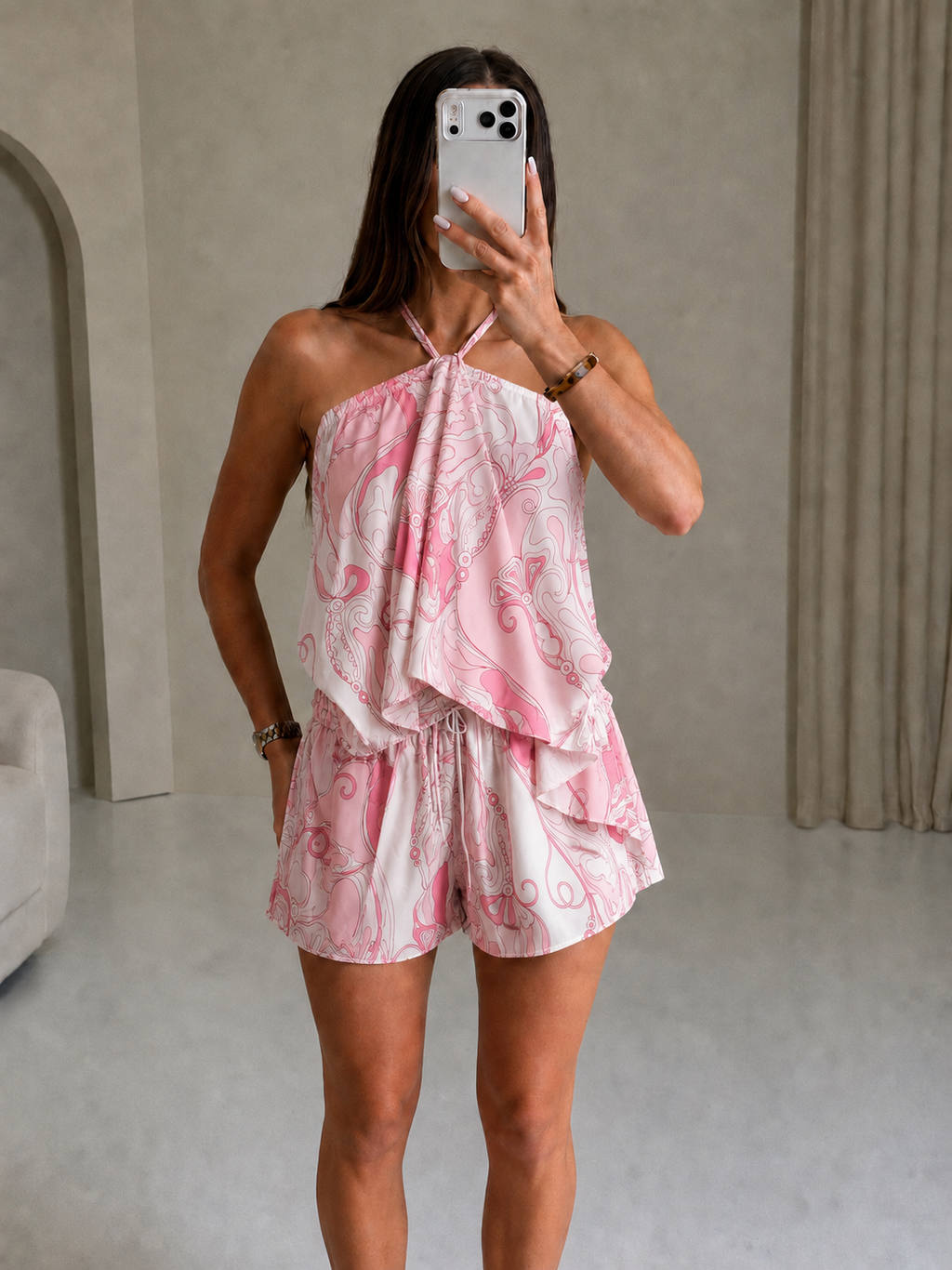 ROMY Satin Halterneck Printed Co-Ord In Light Pink