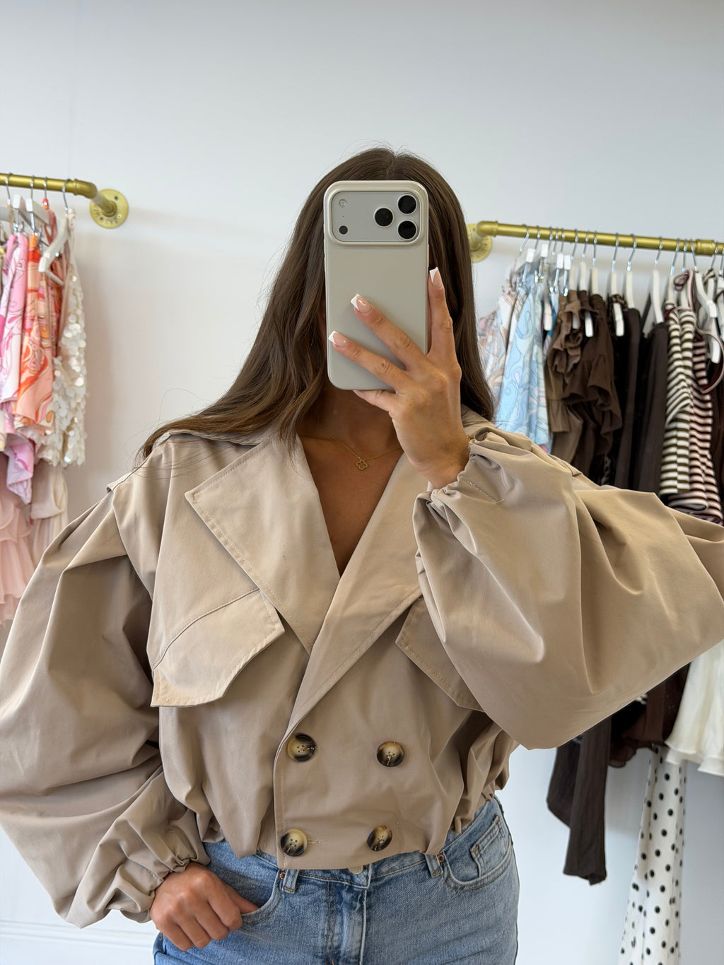 FRANKIE Cropped Button Up Long Sleeve Trench Jacket In Beige