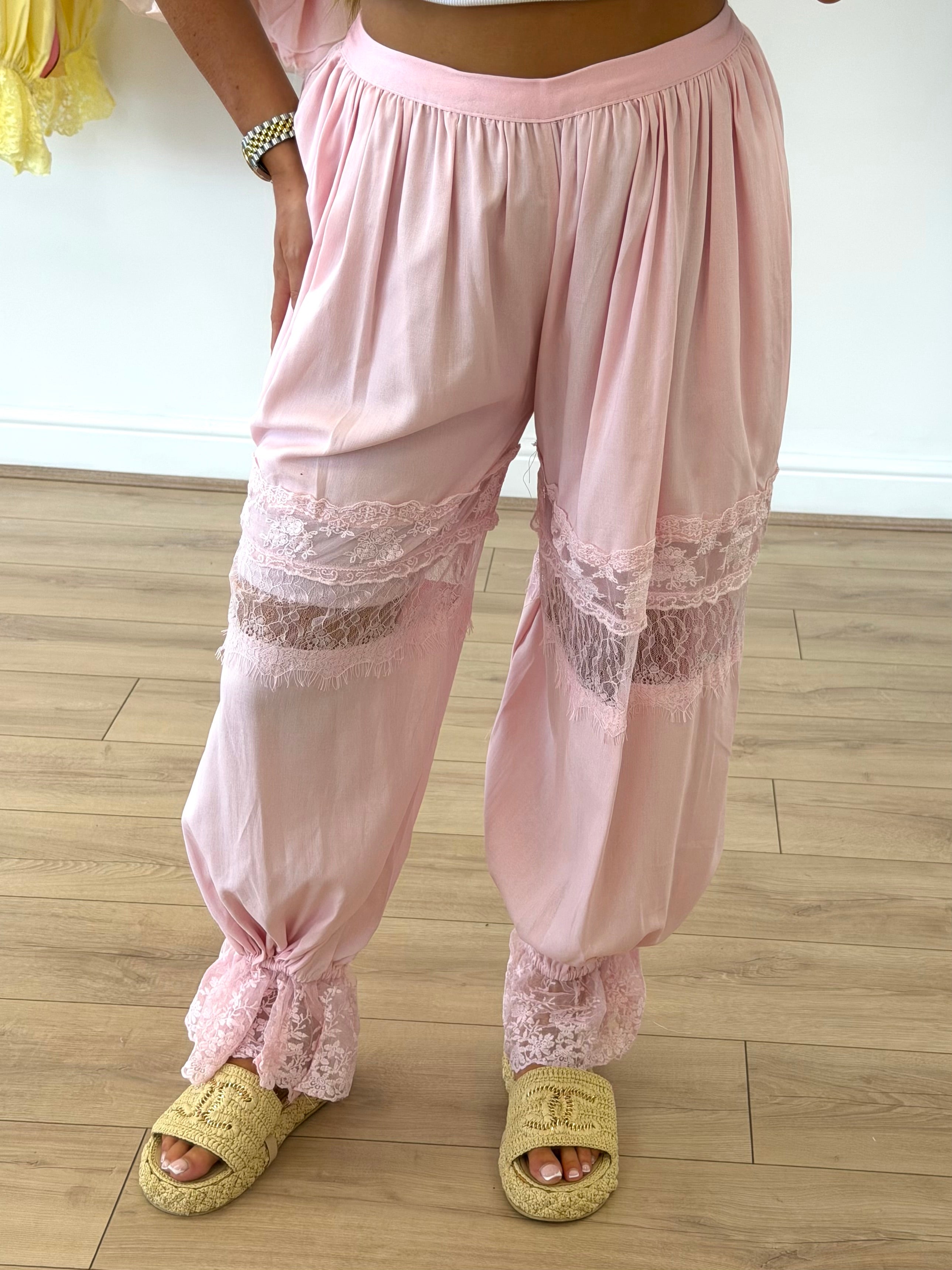 LUNA High Waisted Lace Boho Trousers In Pink