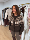 ALPINE Printed Button Up Long Sleeve Cardigan In Chocolate