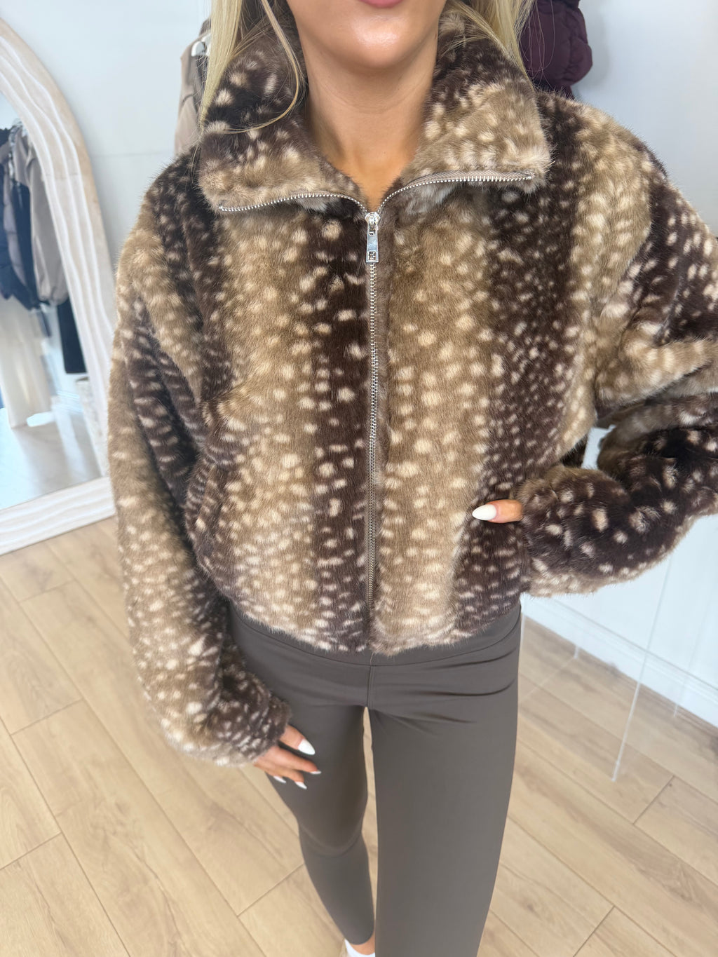 FAWN Faux Fur Deer Print Zip Up Jacket In Brown