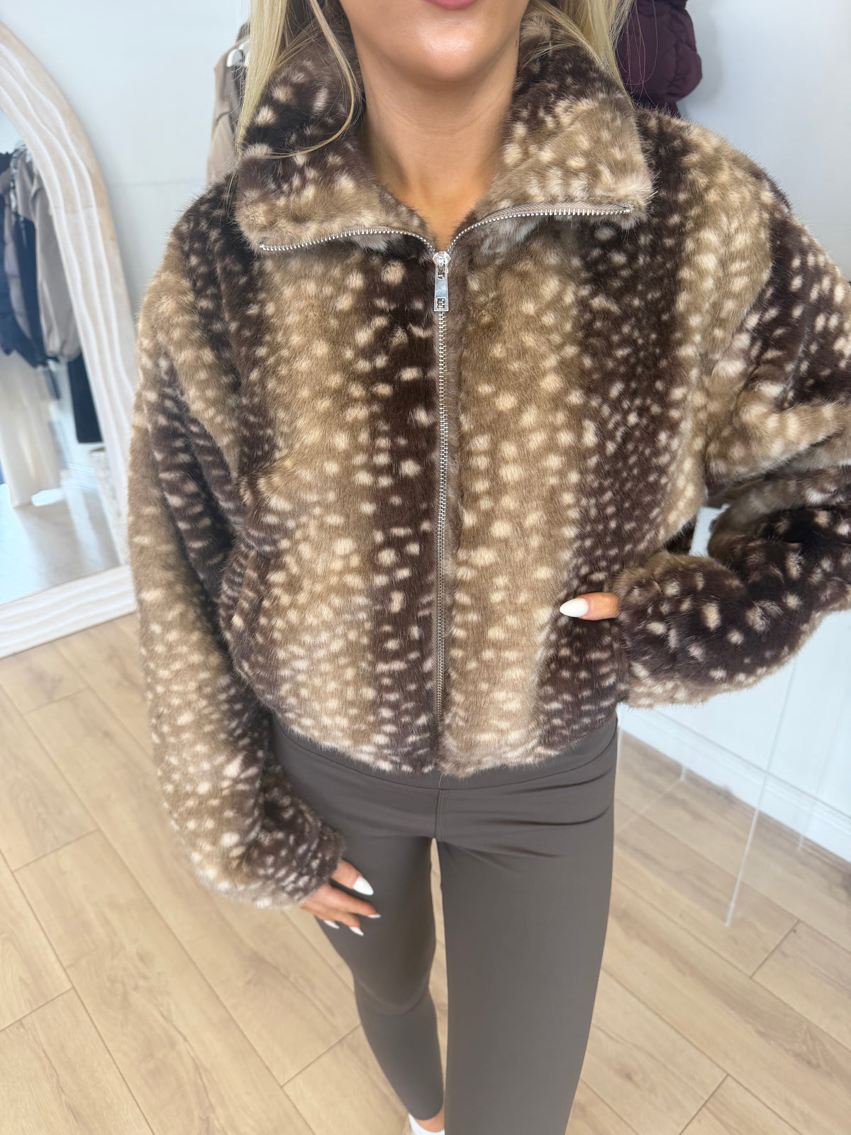 FAWN Faux Fur Deer Print Zip Up Jacket In Brown