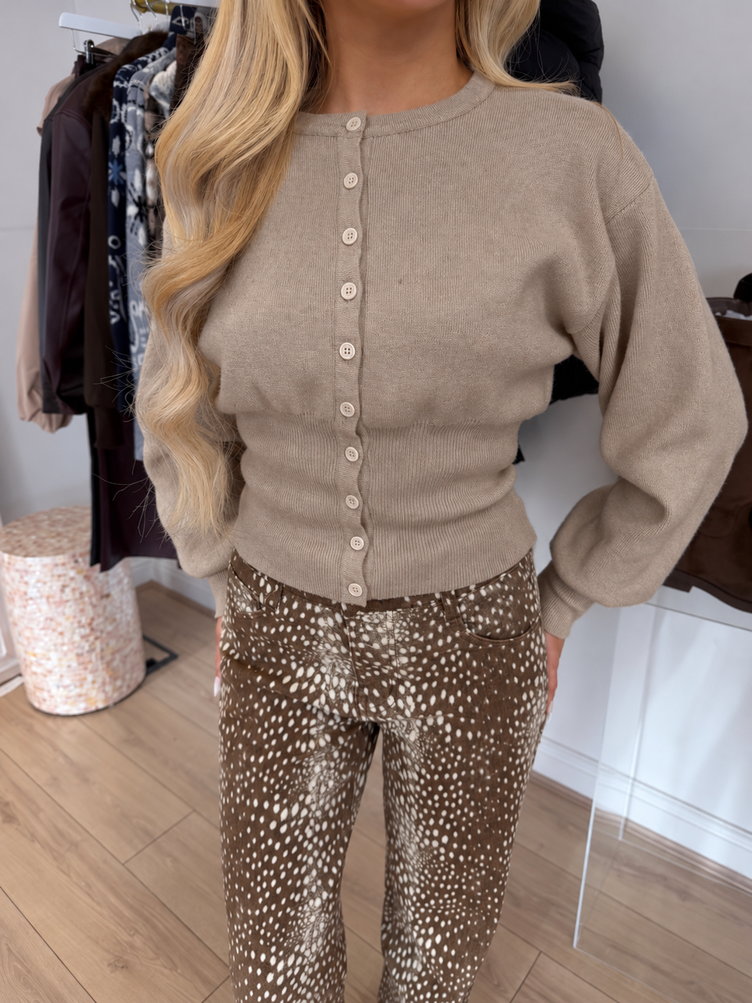 THEA Knitted Button Up Long Sleeved Cardigan In Taupe
