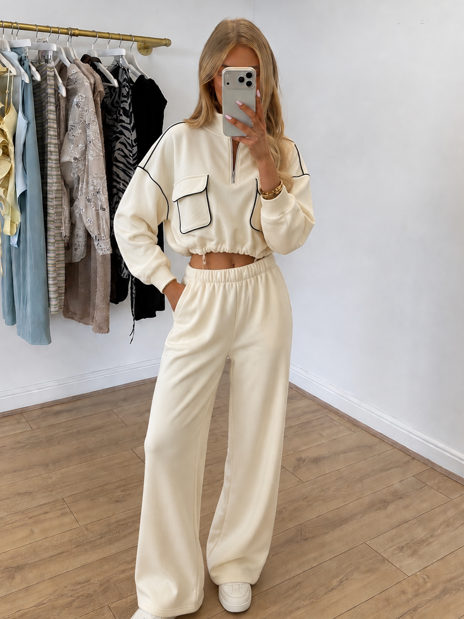 TIA Contrast Piping Half Zip Tracksuit In Ivory