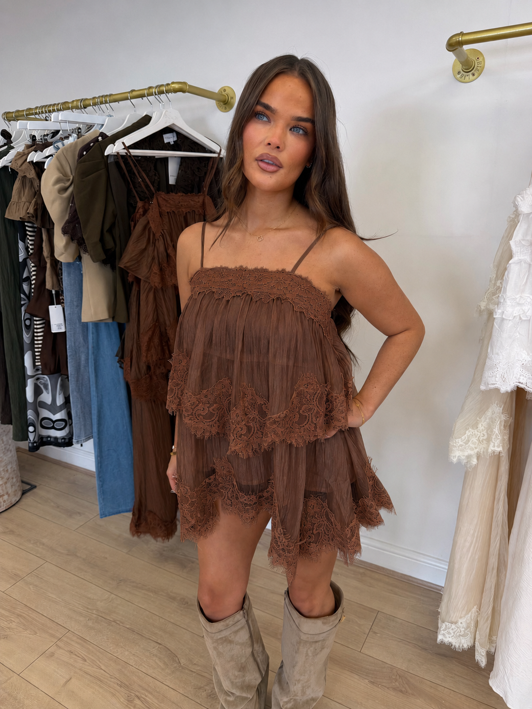 SEREN Chiffon Camisole Lace Frill Top In Mocha