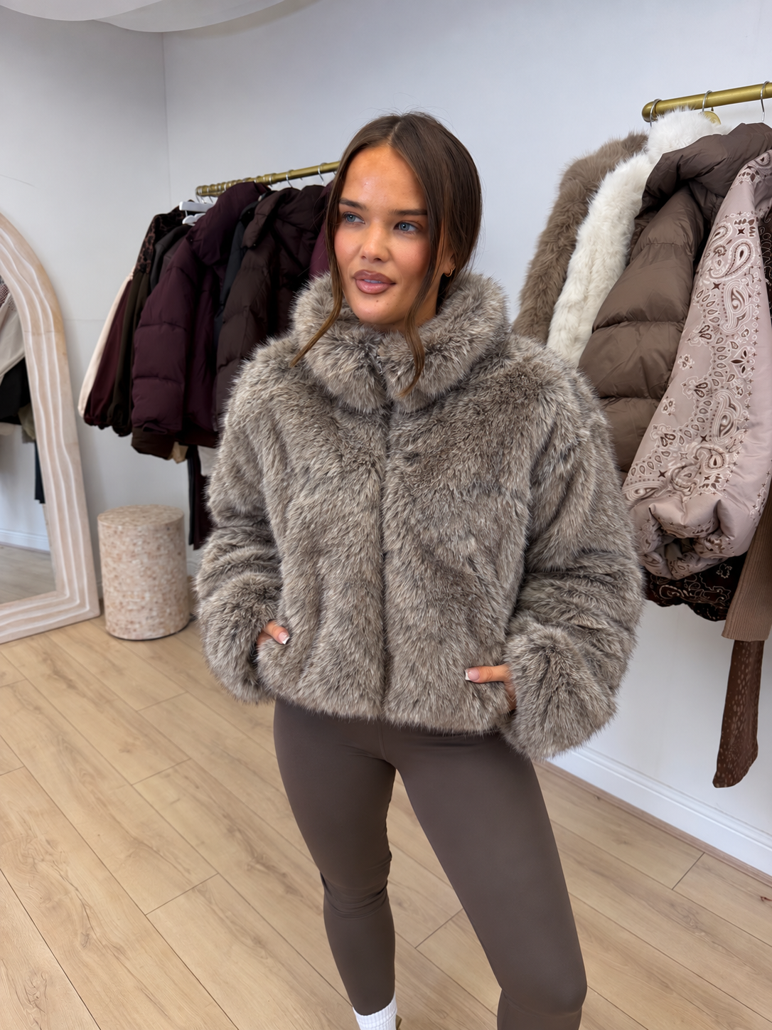 SLOANE Faux Fur Zip Up Long Sleeved Jacket In Grey
