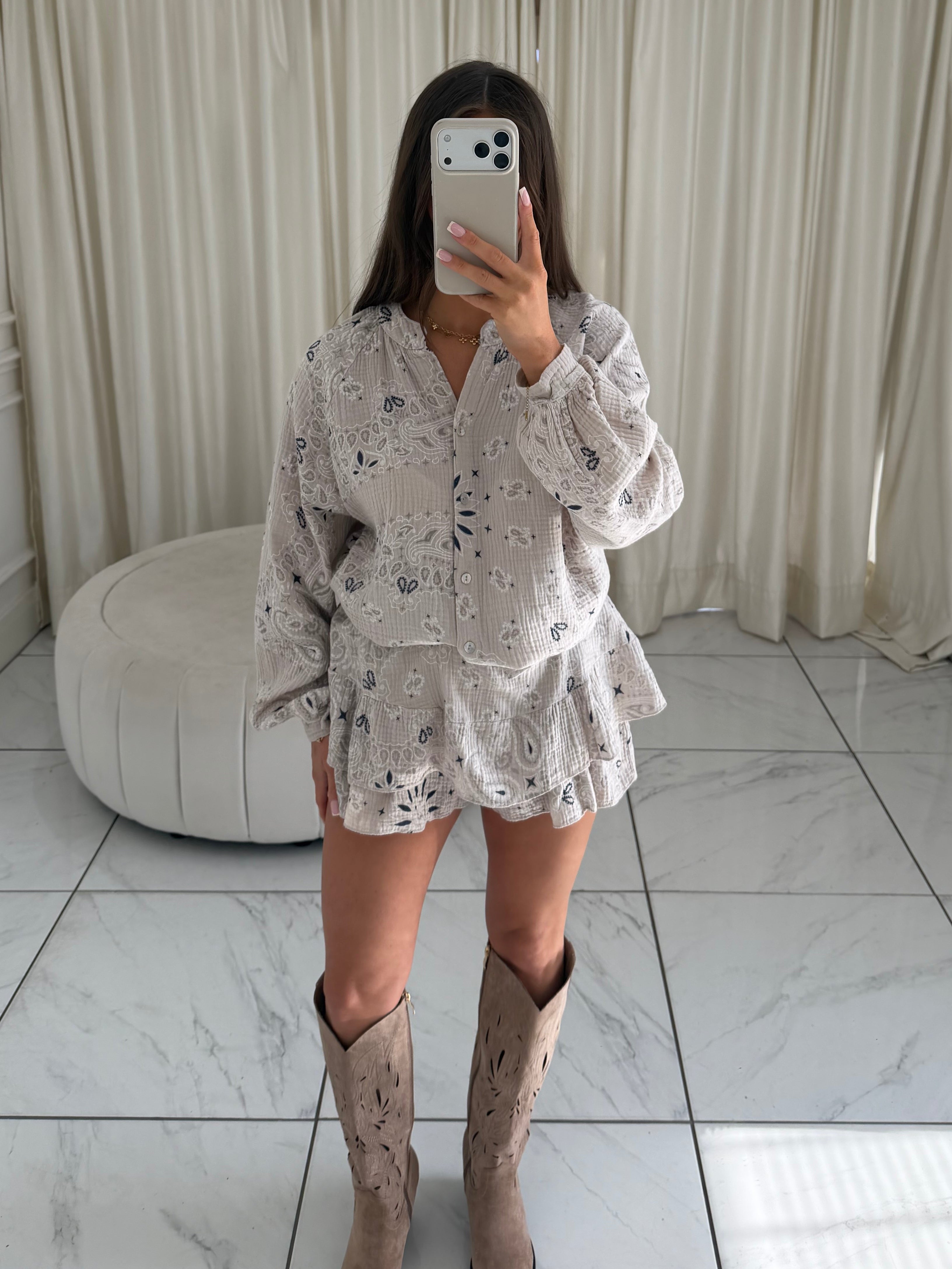 SPIRIT Paisley Cheesecloth Button Shirt & Skort Co-Ord In Beige