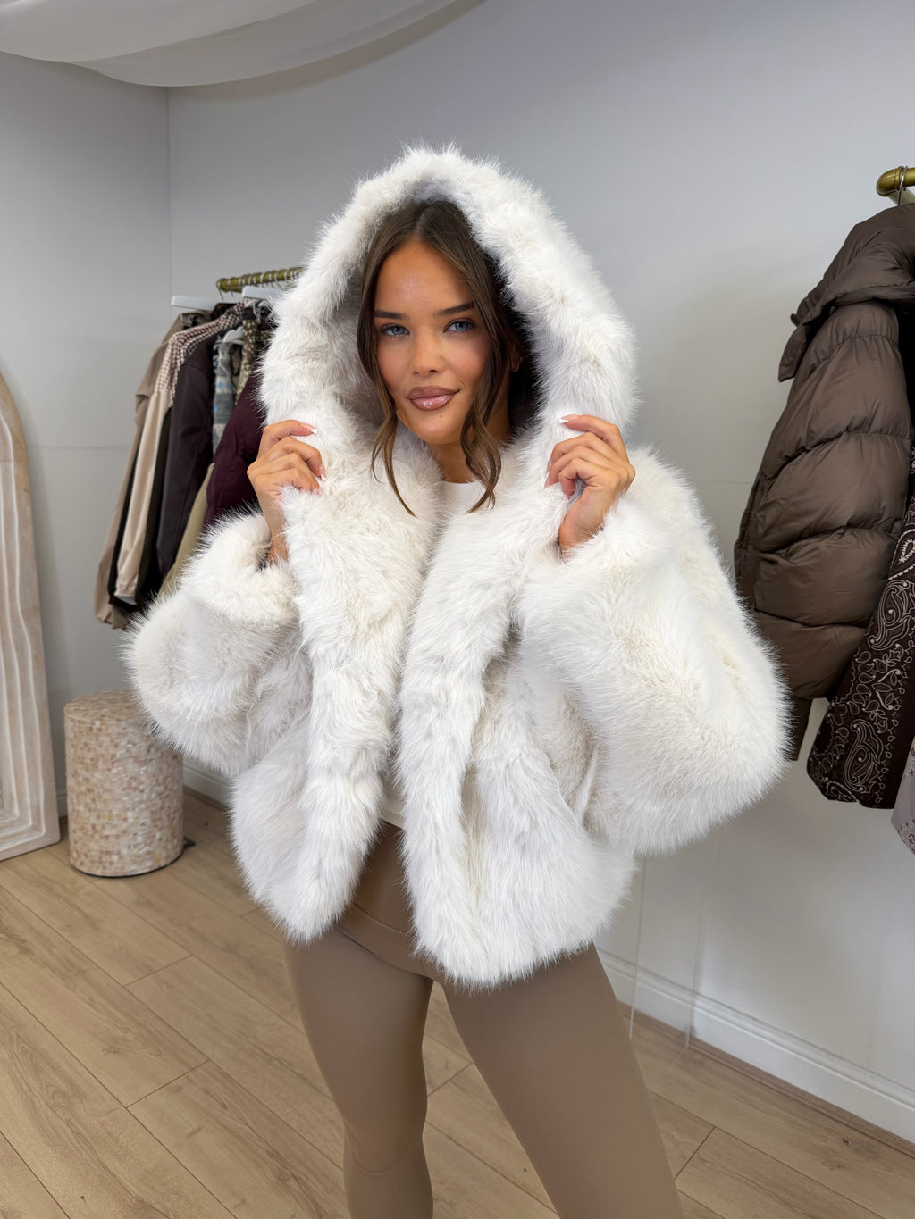 MONROE Hooded Faux Fur Long Sleeved Jacket In Ivory