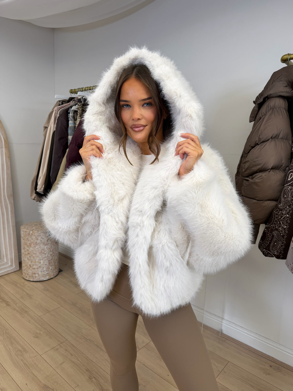 MONROE Hooded Faux Fur Long Sleeved Jacket In Ivory
