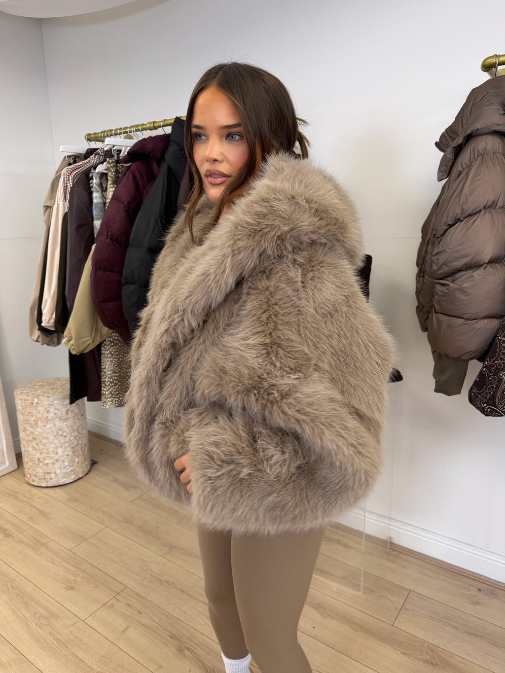 MONROE Hooded Faux Fur Long Sleeved Jacket In Biscuit