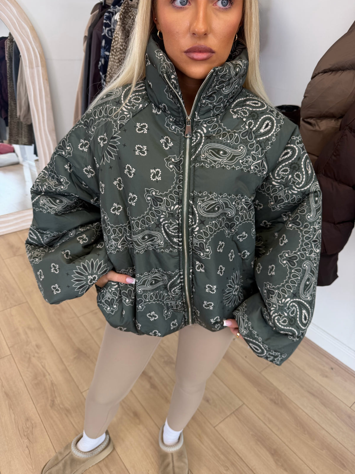 INDIE Paisley Puffer Oversized Jacket In Khaki