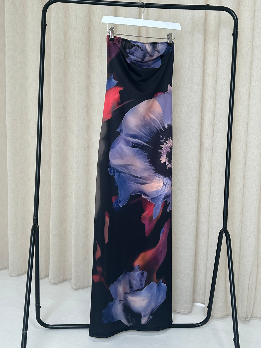 LILA Satin Floral Bandeau Maxi Dress In Purple