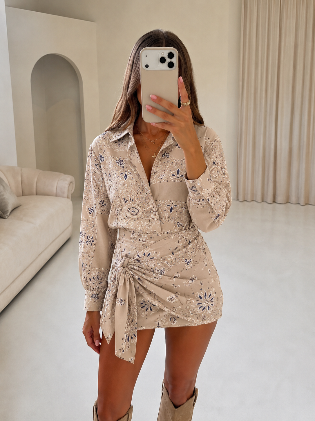 PUCCIE Button Up Shirt & Wrap Scarf Dress In Beige
