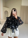 DOTTIE Long Sleeved Polka Dot Bow Blouse In Black