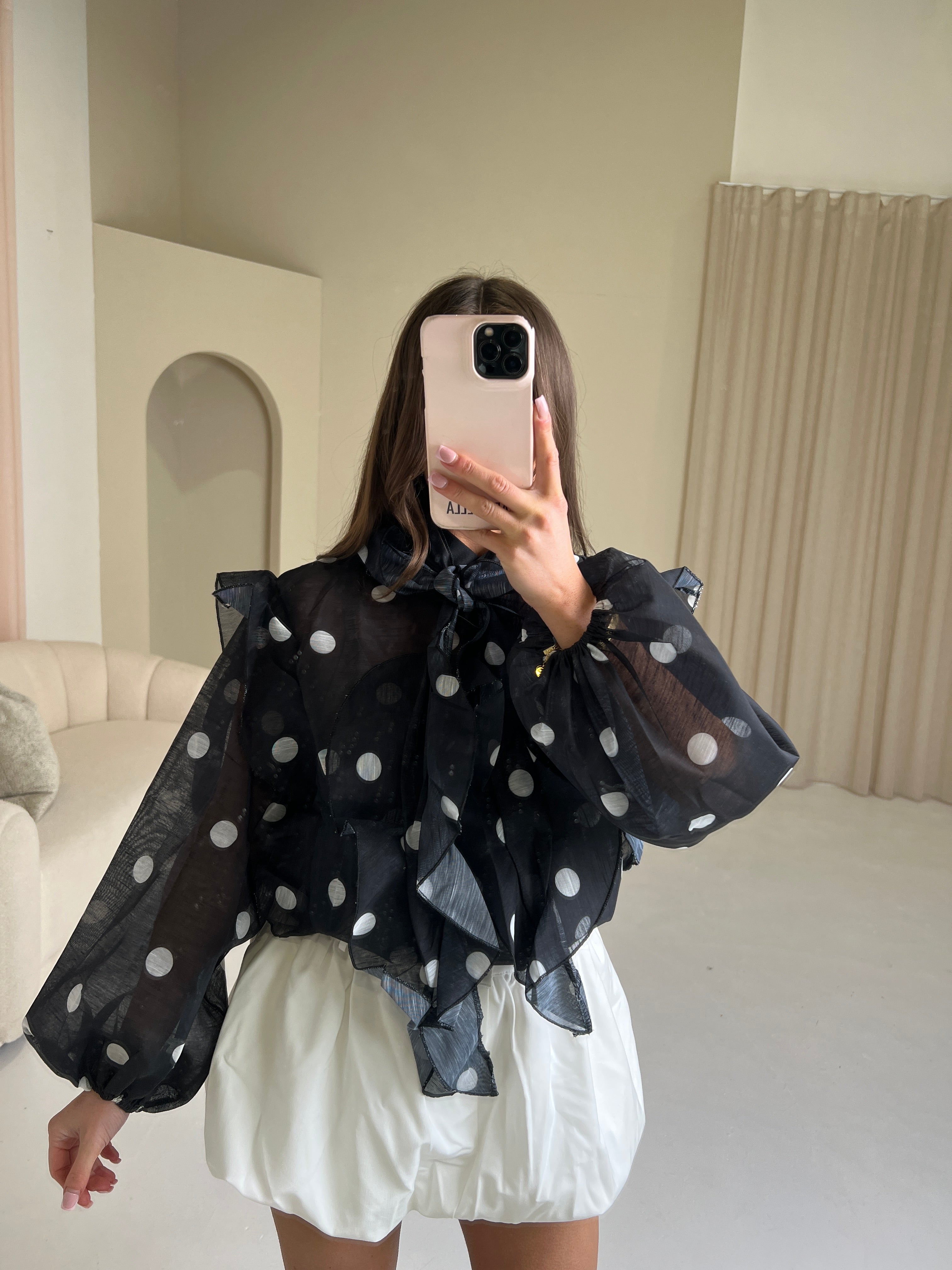 DOTTIE Long Sleeved Polka Dot Bow Blouse In Black