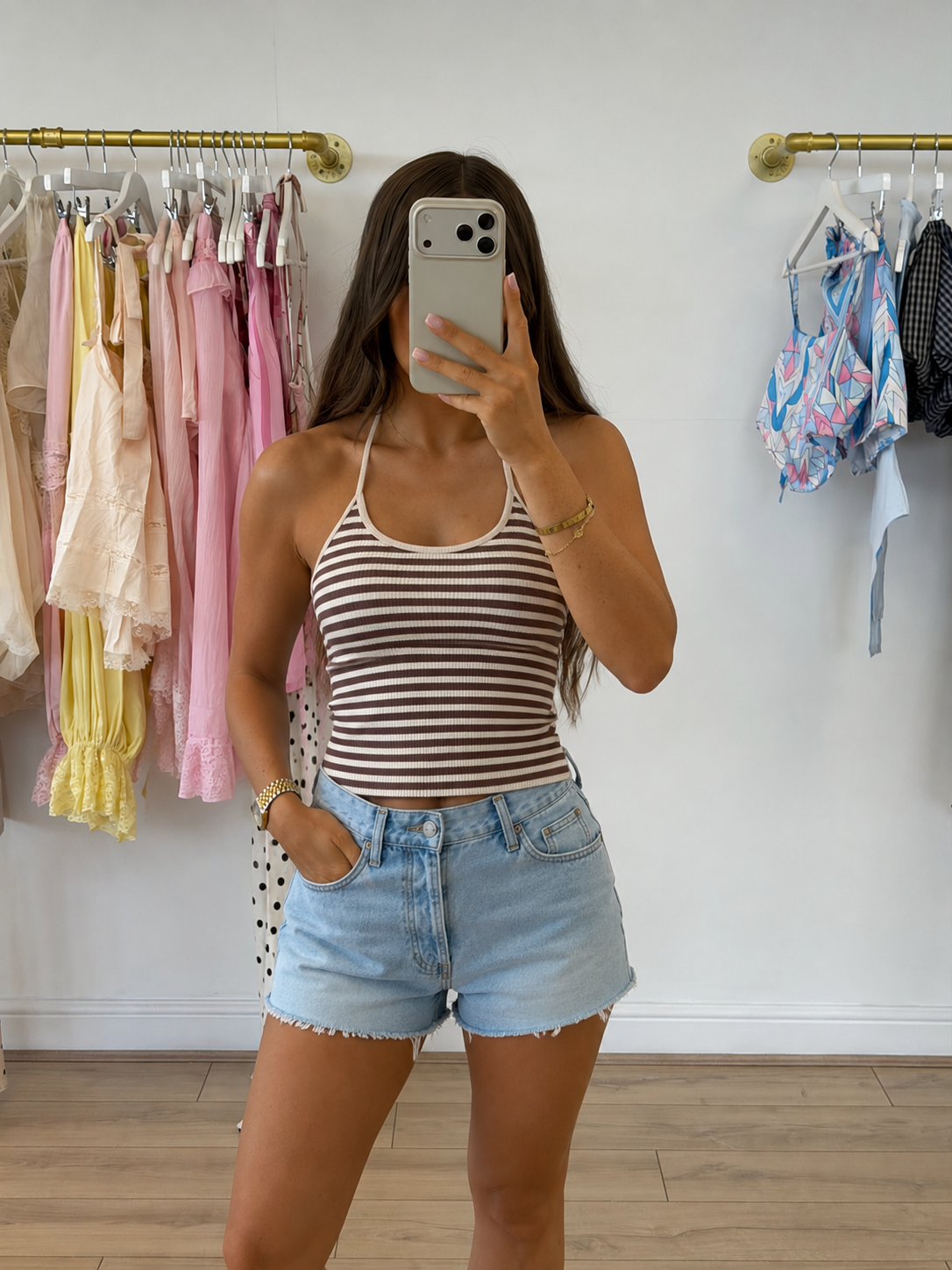 JESSI Striped Halterneck Top In Burgundy Stripe