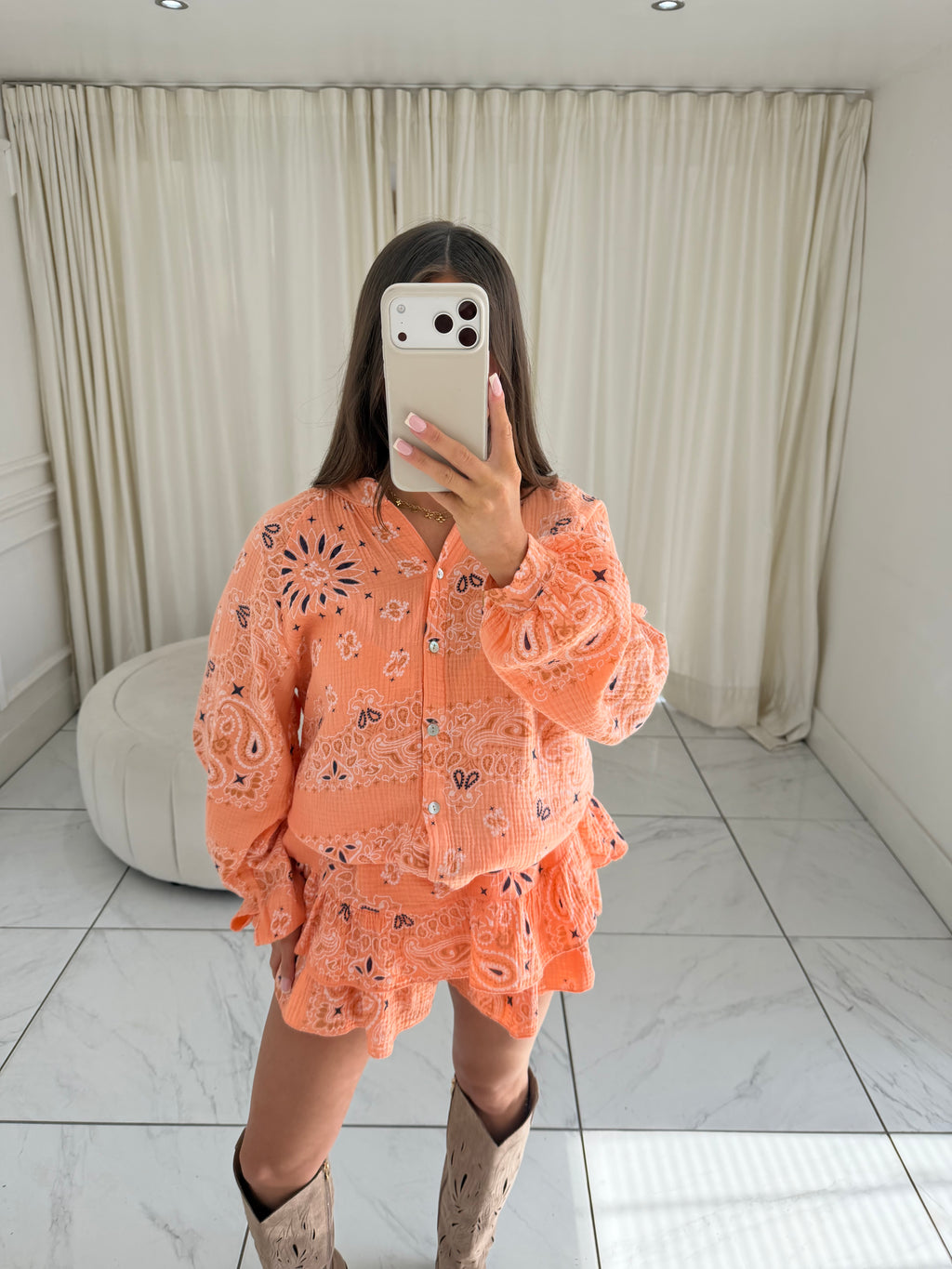 SPIRIT Paisley Cheesecloth Button Shirt & Skort Co-Ord In Orange