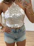 DARLA Sequin Halterneck Tie Back Top In Champagne