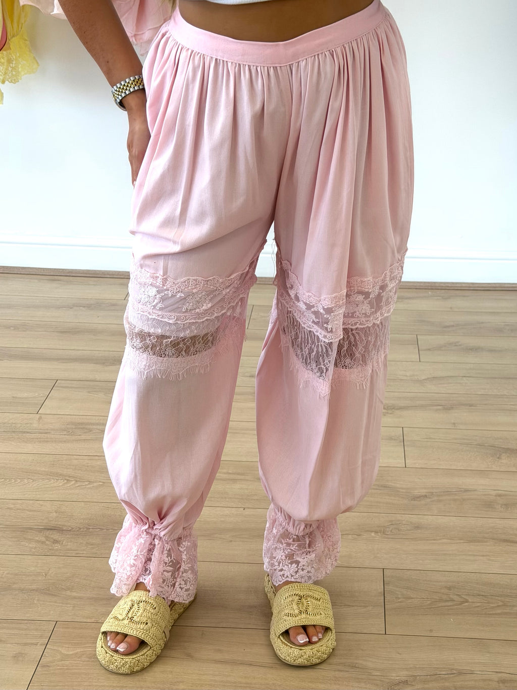 LUNA High Waisted Lace Boho Trousers In Pink