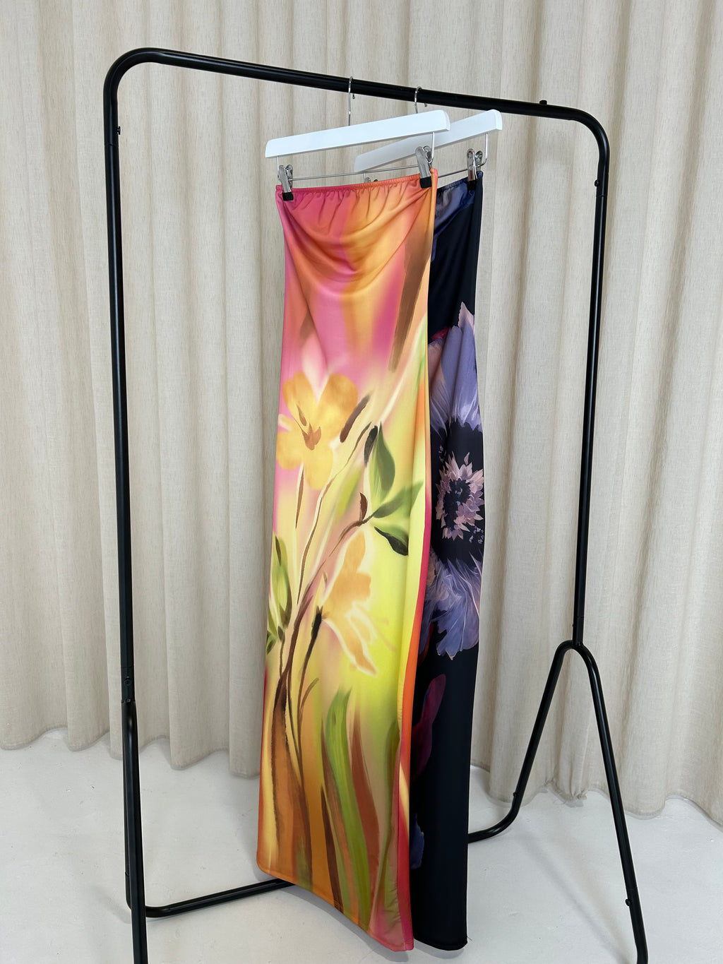 LILA Satin Floral Bandeau Maxi Dress In Pink & Yellow