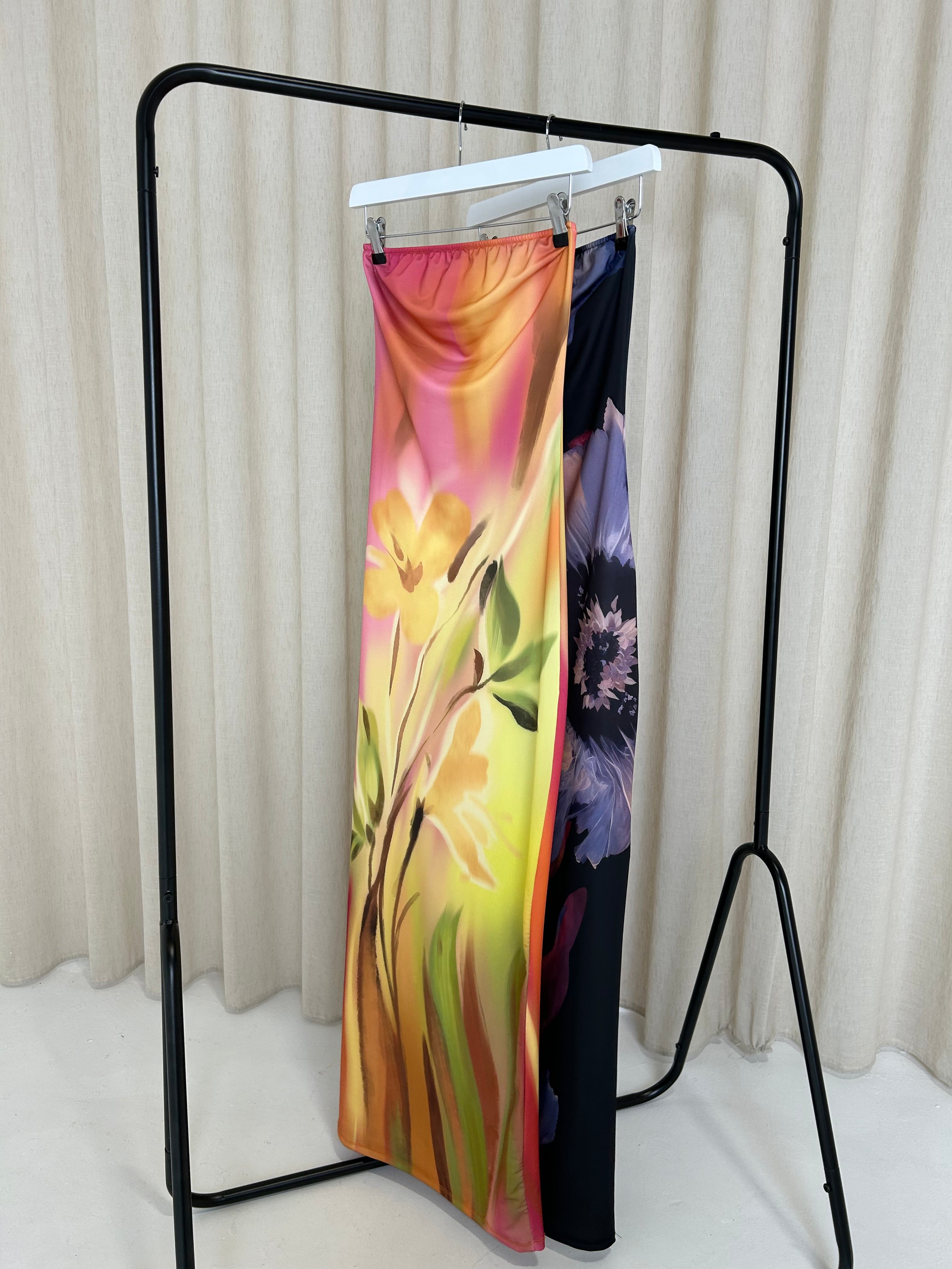 LILA Satin Floral Bandeau Maxi Dress In Pink & Yellow