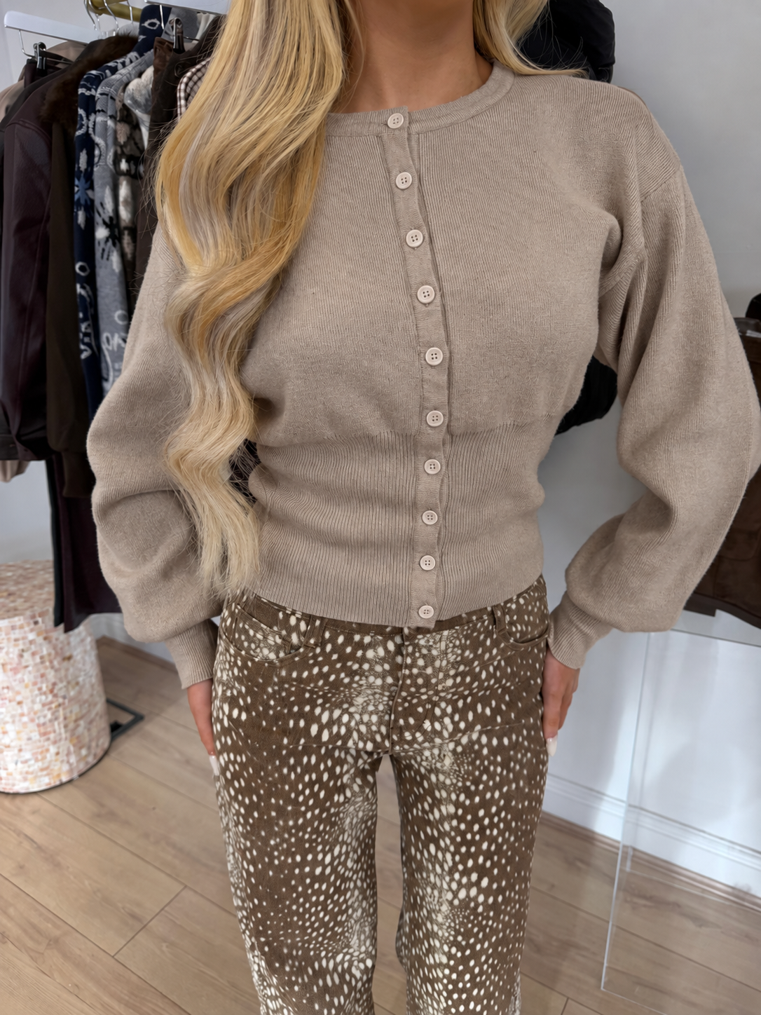 THEA Knitted Button Up Long Sleeved Cardigan In Taupe