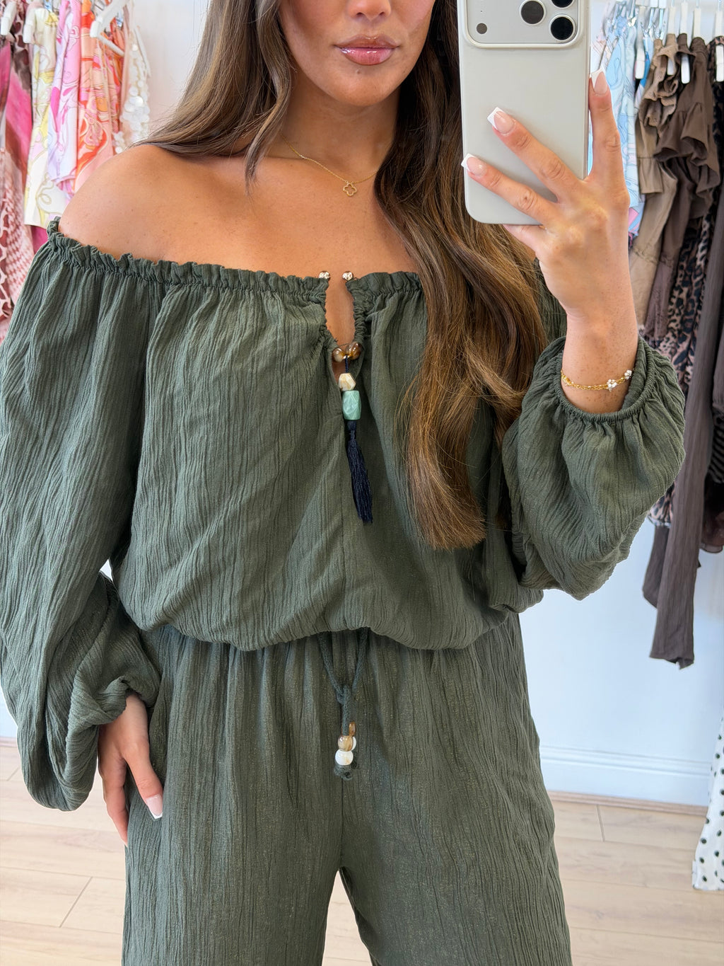 TALIA Cheesecloth Off Shoulder Top & Trouser Co-Ord In Khaki