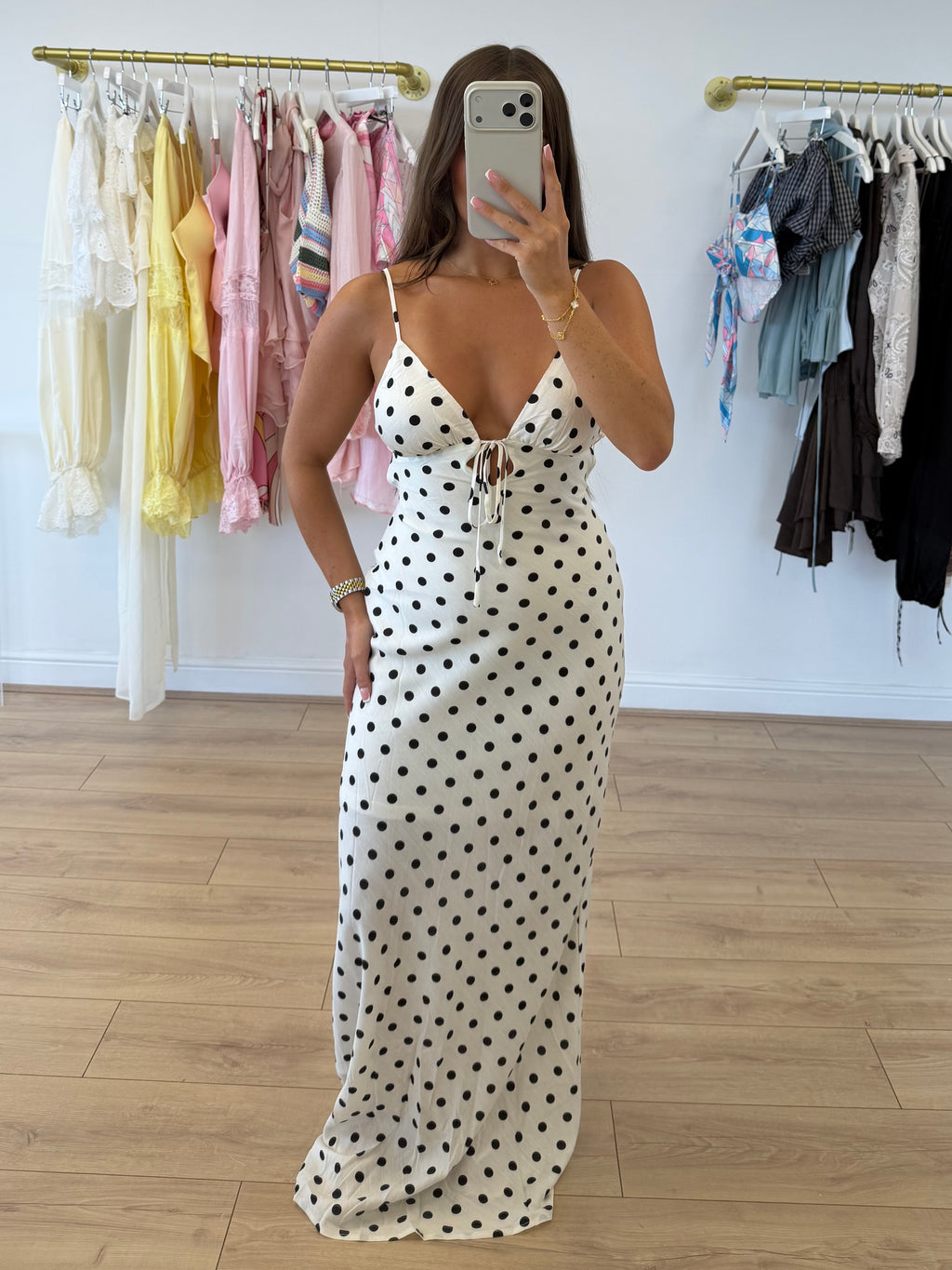 MARGOUX Polka Dot Cut Out Back Maxi Dress In White