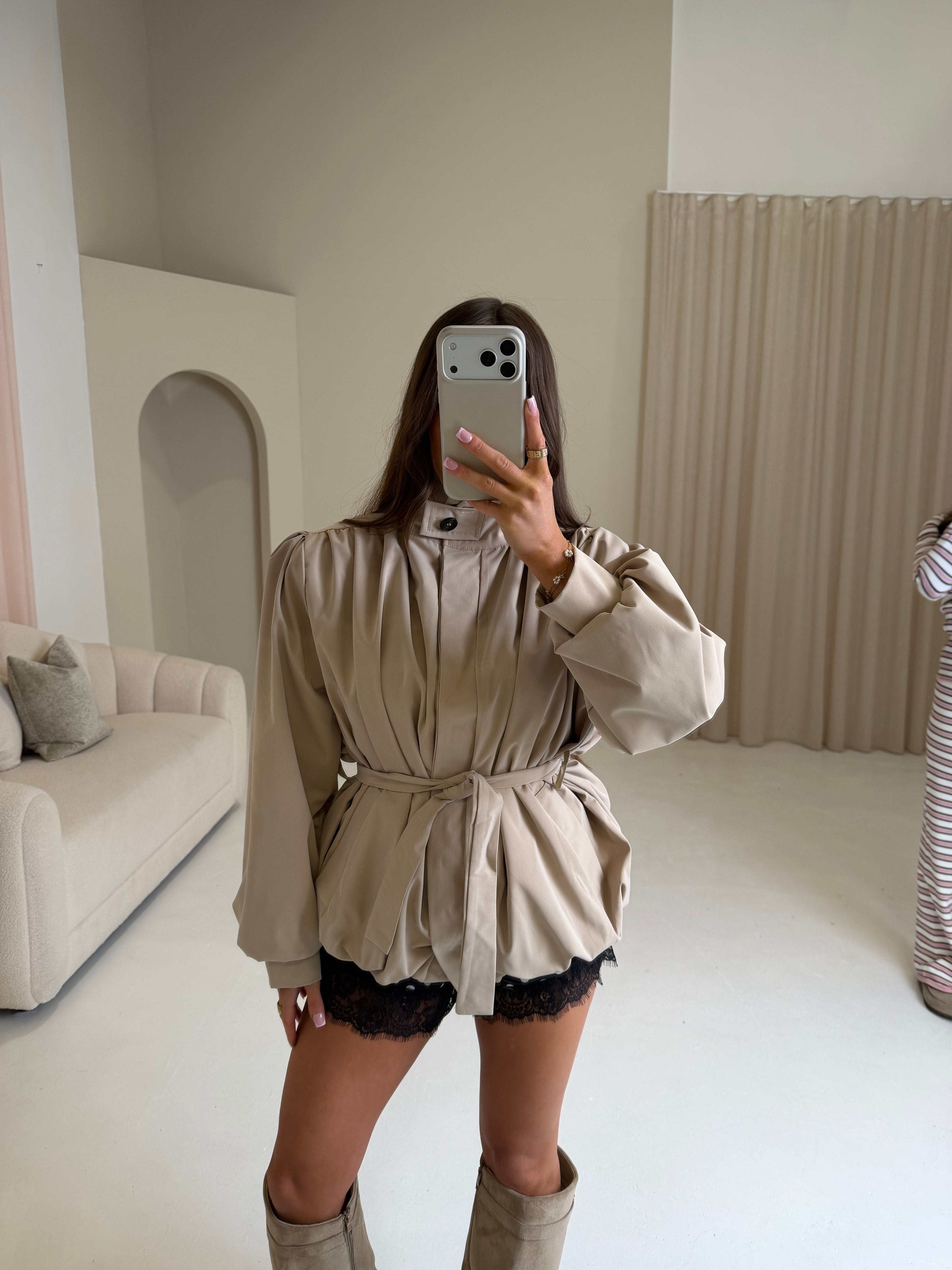 FRANKIE Funnel Neck Belted Jacket In Beige