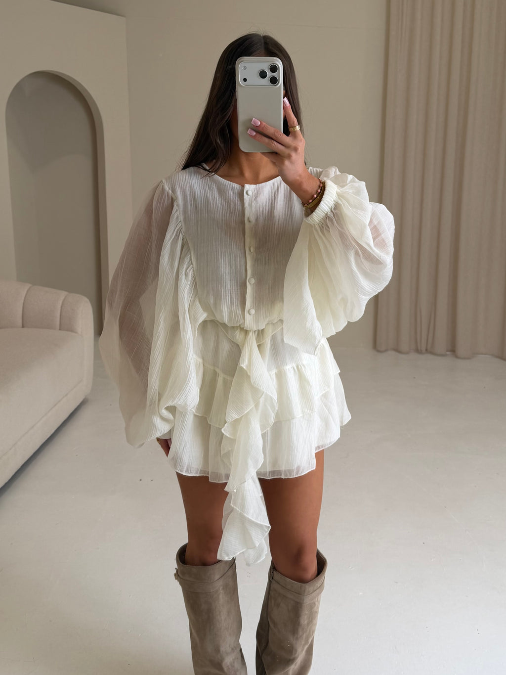 LUCIA Balloon Sleeve Ruffle Button Up Dress In Ivory