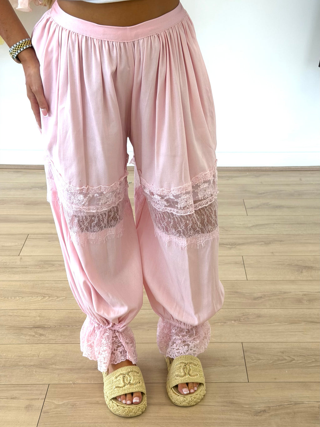 LUNA High Waisted Lace Boho Trousers In Pink