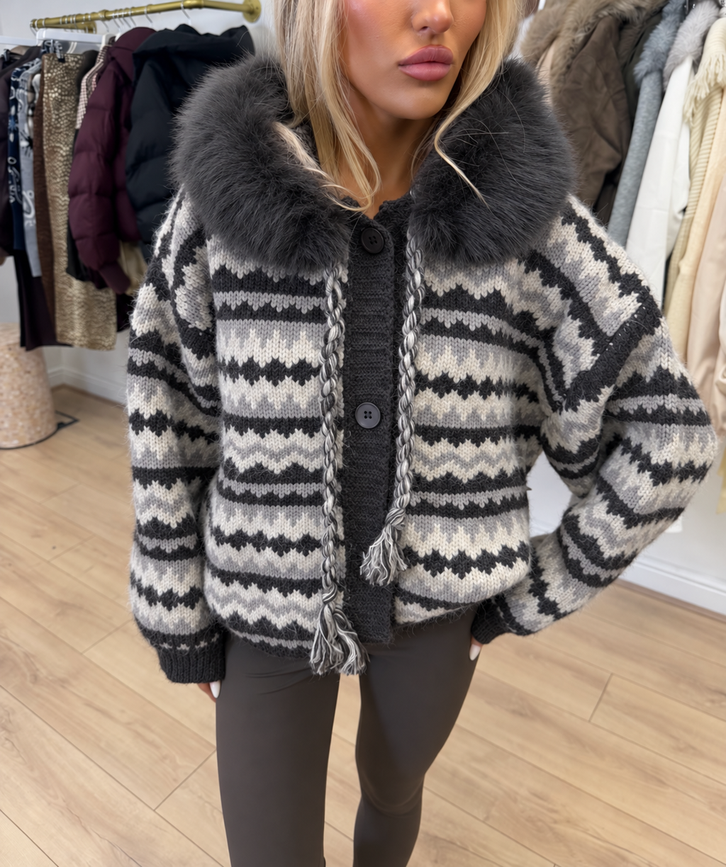 WINNIE Chunky Knitted Faux Fur Hooded Cardigan In Grey