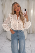 ROSALIE Ruffle Bow Tie Blouse In Beige