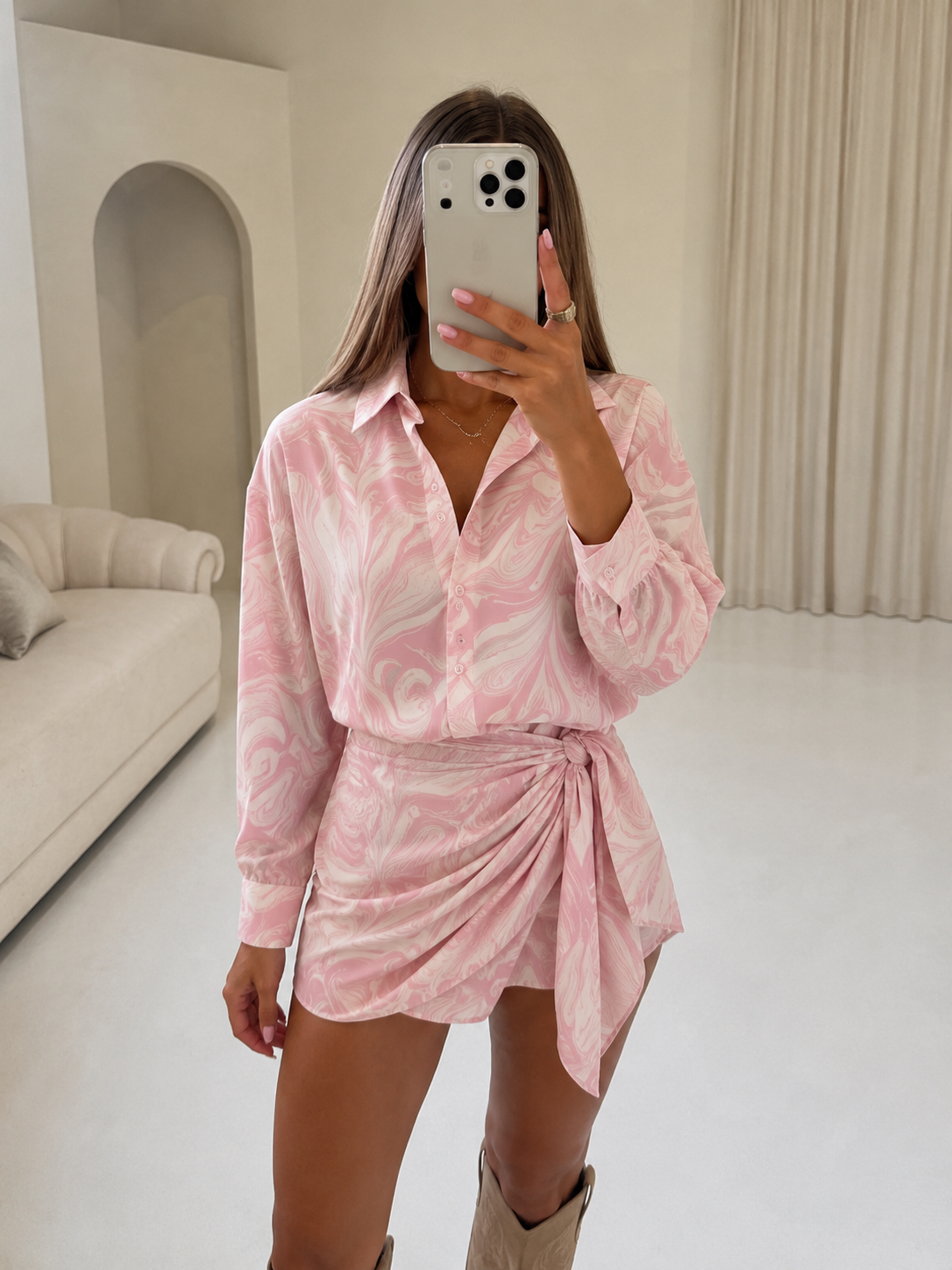 PUCCIE Button Up Shirt & Wrap Scarf Dress In Pink