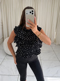 ELIZA Pleated Ruffle Trim Blouse In Polka Dot Black