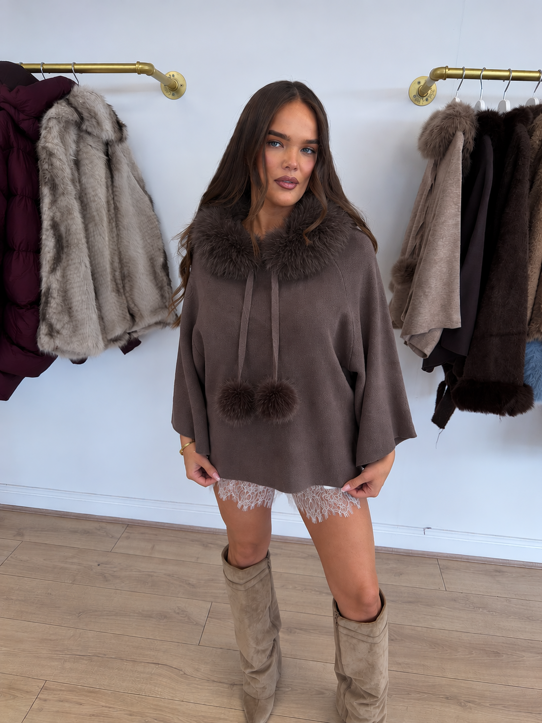 PALMER Knitted Faux Fur Hooded Jumper In Chocolate