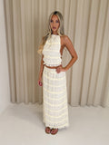 CAPRICE Chiffon Halterneck Top & Maxi Skirt Co-Ord In Beige