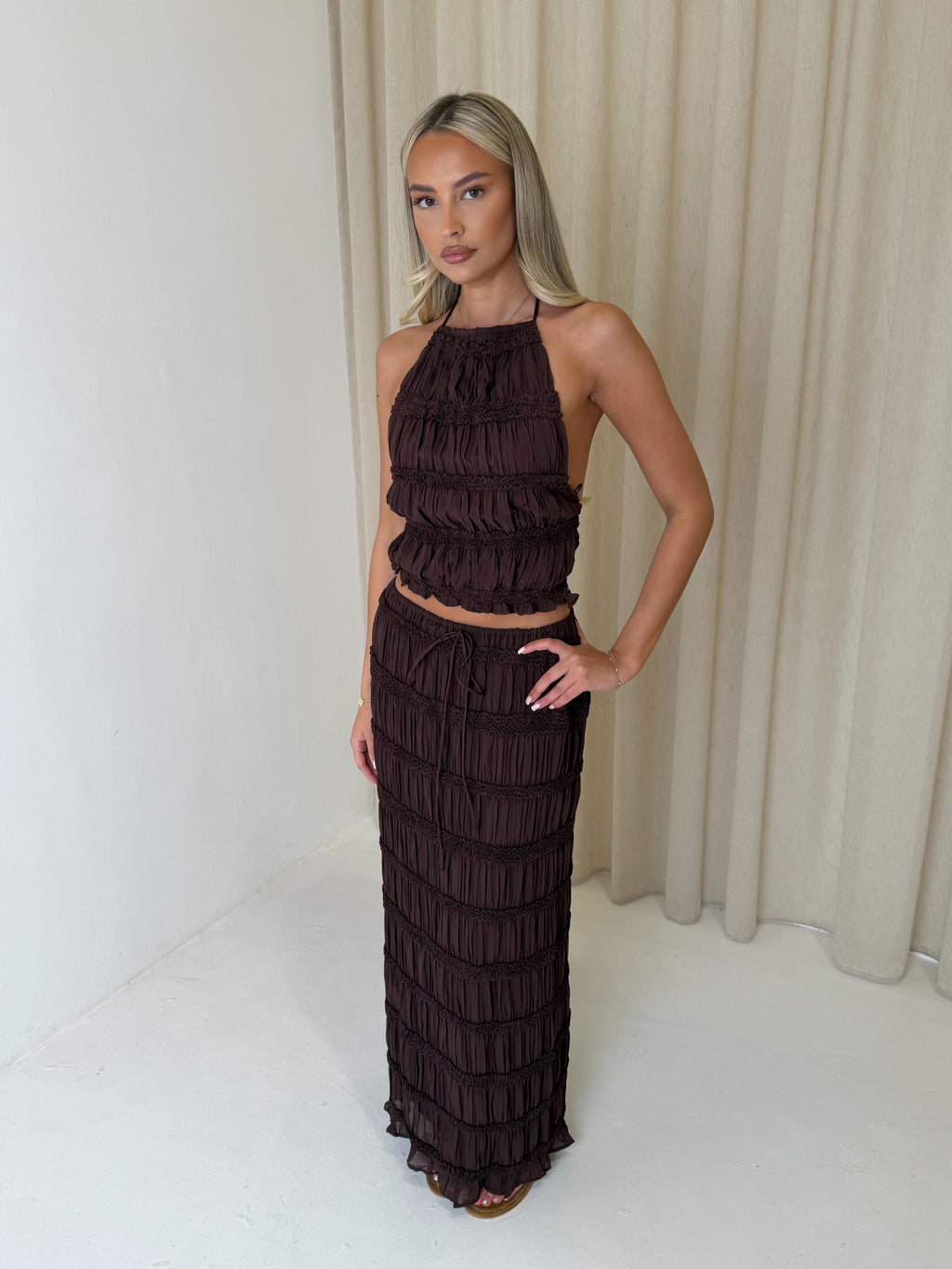 CAPRICE Chiffon Halterneck Top & Maxi Skirt Co-Ord In Chocolate