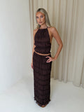 CAPRICE Chiffon Halterneck Top & Maxi Skirt Co-Ord In Chocolate