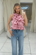 ELIZA Pleated Ruffle Trim Blouse In Pink