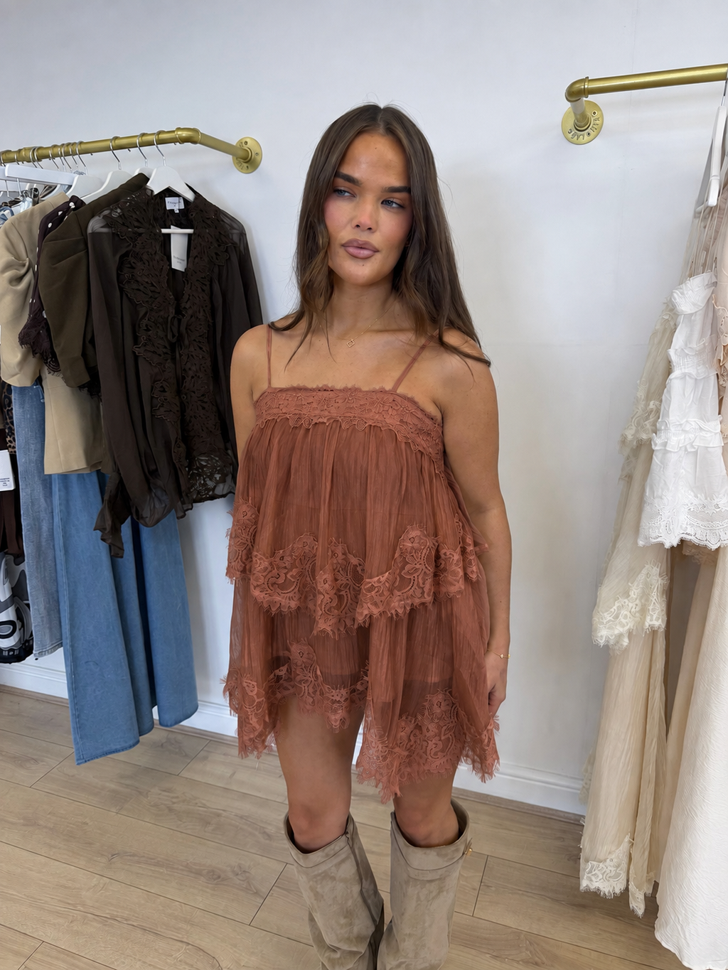 SEREN Chiffon Camisole Lace Frill Top In Mocha