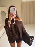 ZENA Crochet Off Shoulder Top & Shorts Co-Ord In Chocolate