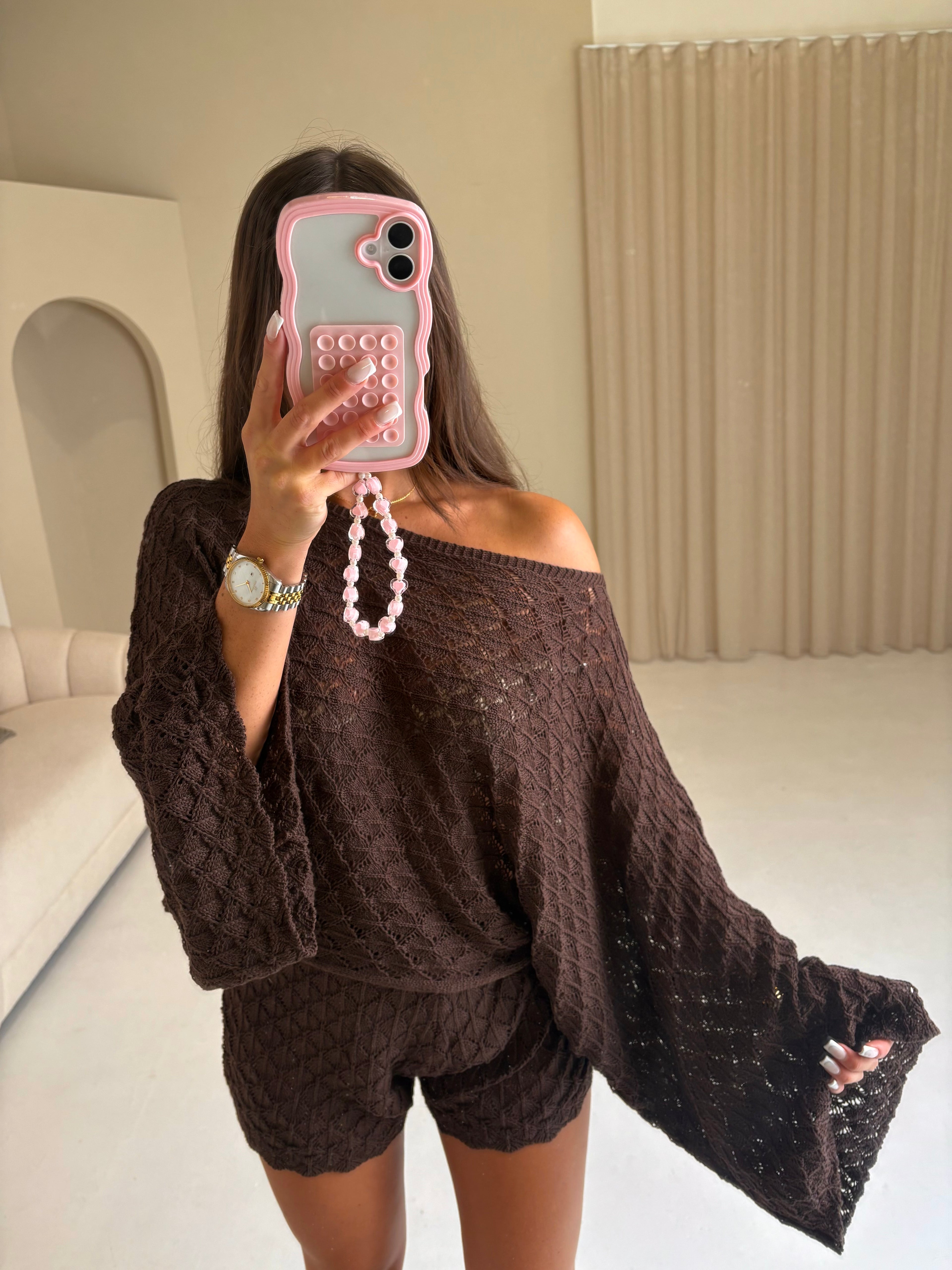 ZENA Crochet Off Shoulder Top & Shorts Co-Ord In Chocolate