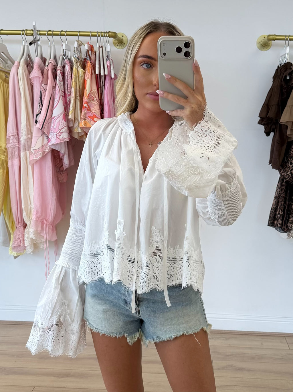 MABEL Tie Up Lace Boho Ruched Sleeve Blouse In White