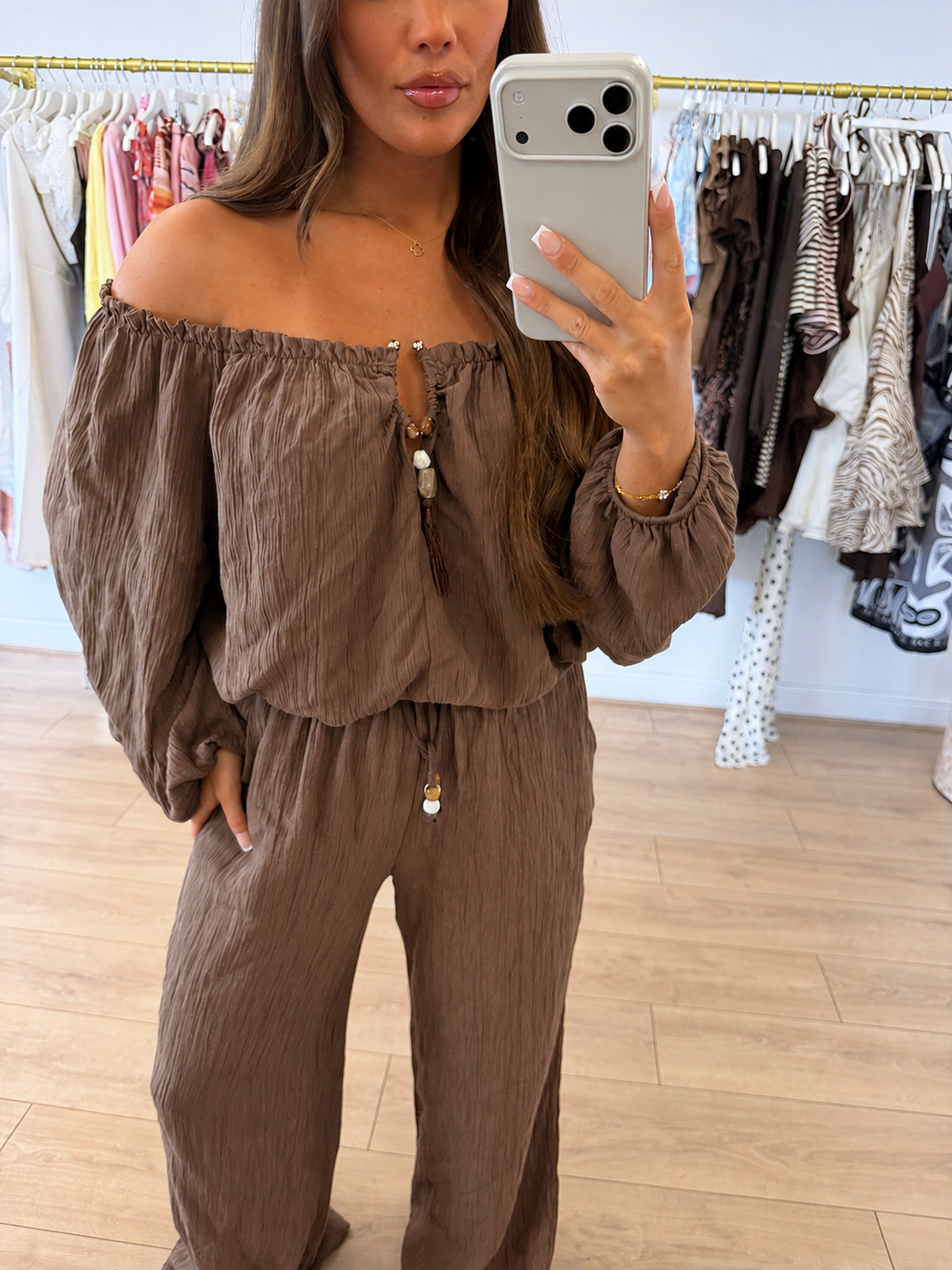 TALIA Cheesecloth Off Shoulder Top & Trouser Co-Ord In Chocolate